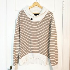 Nautica Striped Beige and White Women's Sweater XXL Mock Collar with Button